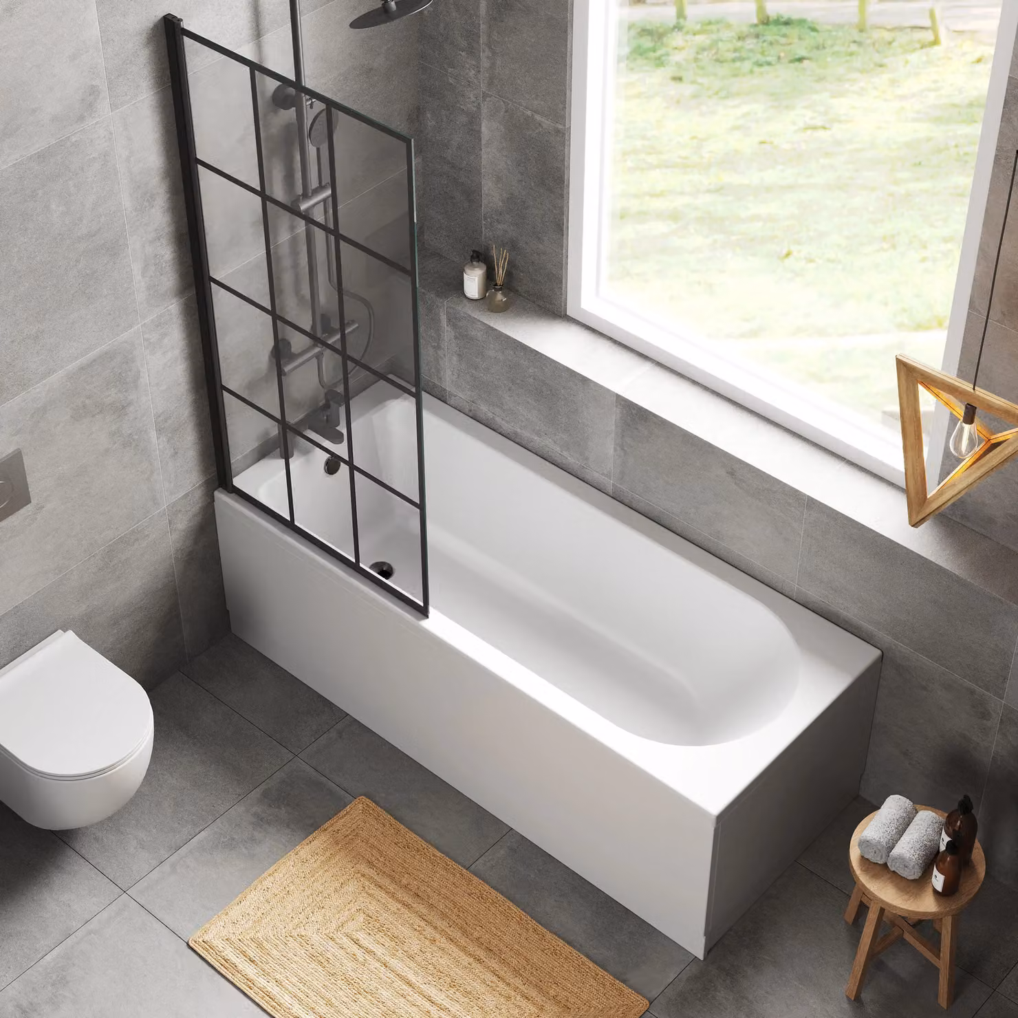 Balterley Round Floor Standing Bath Set in White with Black Square Screen and Black Waste, W/D/H: 170 x 70 x 3 cm – 3