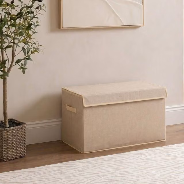 OHS Foldable Fabric Storage Box with Lid and Handles in Beige/Sand, W/D/H: 37.0 x 37.0 x 64.0 cm – 2