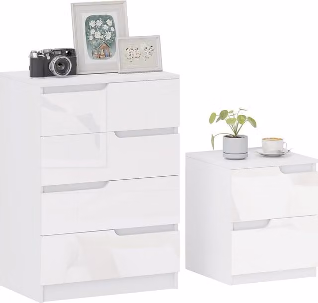 HOMCOM Modern High Gloss Chest of Drawers and Bedside Table in White – 1