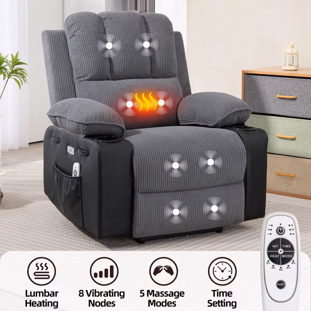 KEEPREAPER Comfortable Power Recliner Chair with 8-Point Massage, Heating and Cup Holder in Grey – 7