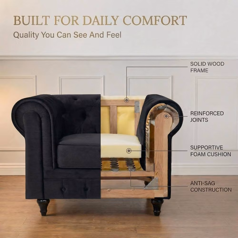 Bravich LTD Chesterfield Scroll Arm Velvet Sofa with Buttoned Back in Black, 2 Pack – 4