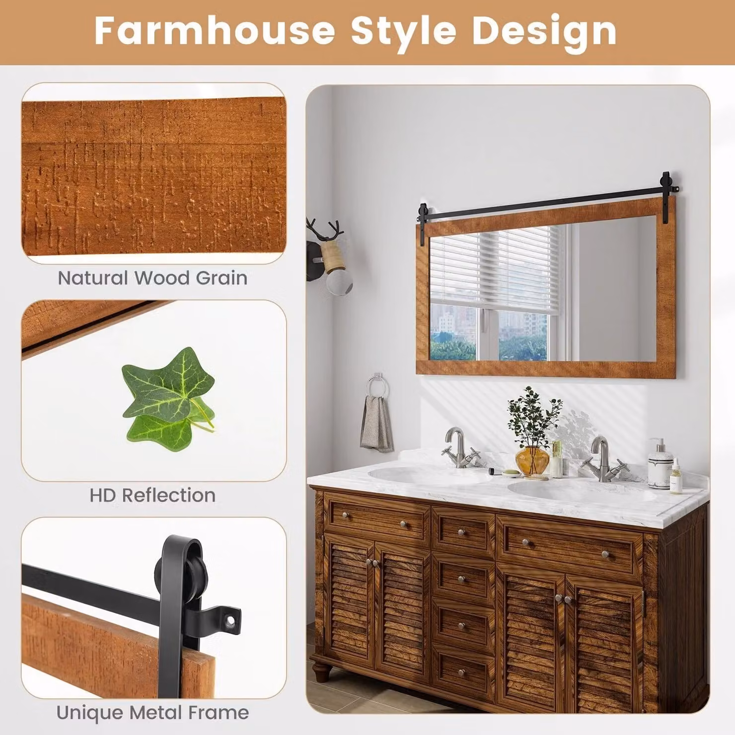 Costway Farmhouse Wall Mounted Rectangular Bathroom Mirror with Brown Wood Frame – 3