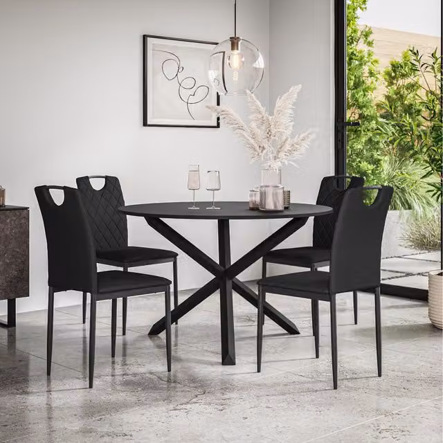 More4Homes Malvern Round Black Dining Table Set with 4 Monza Chairs and Black Oak Legs