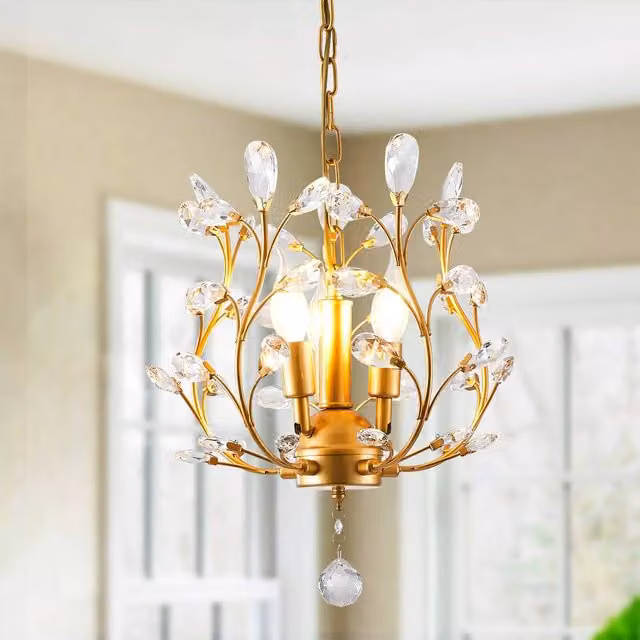 NIVOR Vintage 3 Light K9 Crystal Pendant Chandelier in Gold and Transparent Glass