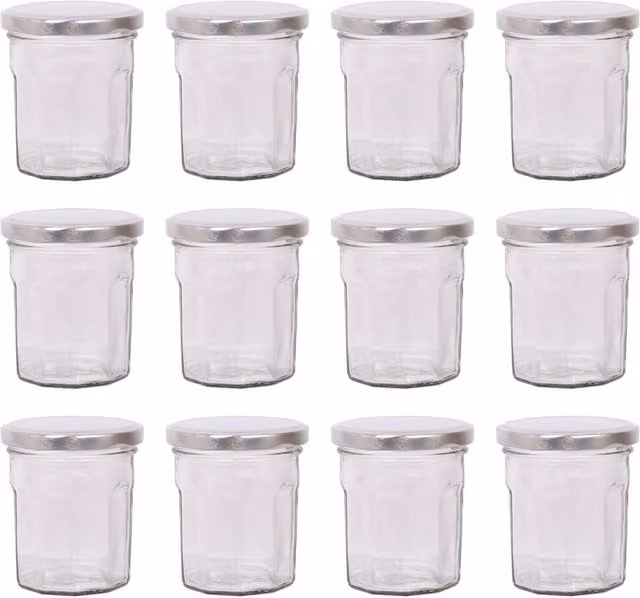 Argon Tableware Set of 12 Transparent Glass Jam Jars with Silver Screw Tops, 150ml