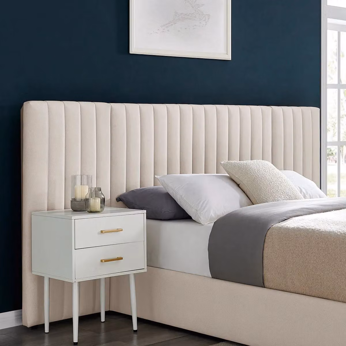 Modish Furnishing Inaya King Size Ottoman Storage Bed with Wide Panel Cream Velvet Fabric Headboard – 3