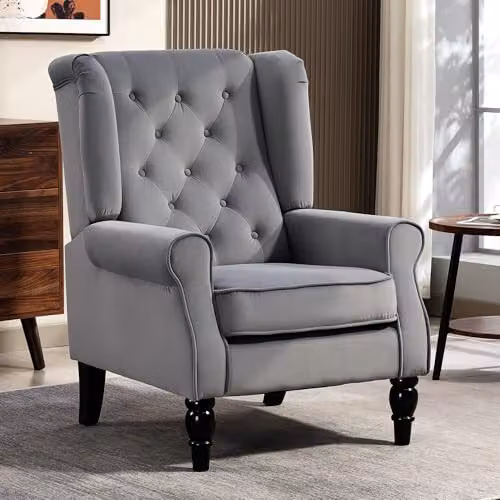 HOMCOM Retro Wingback Accent Armchair in Grey Velvet with Solid Wood Frame – 5