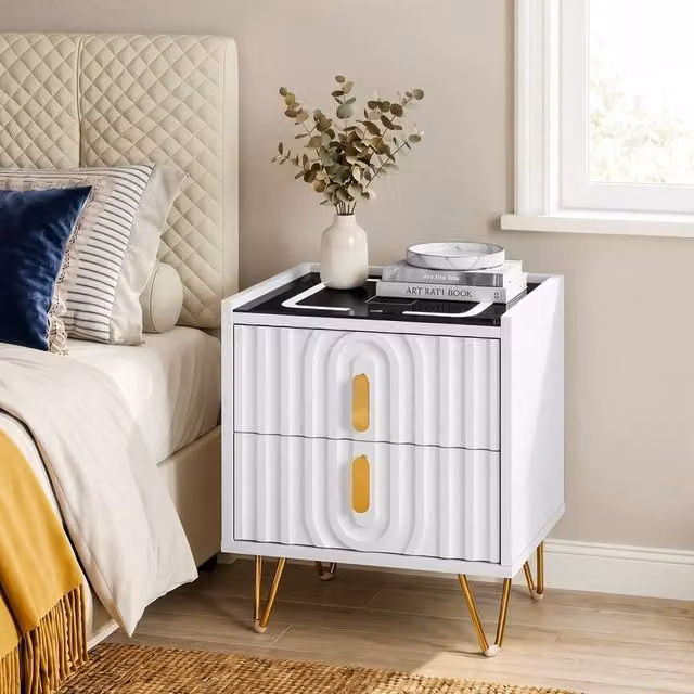 EONLION Modern White Glossy Bedside Table with Integrated Lighting and 2 Drawers, Width: 100 cm
