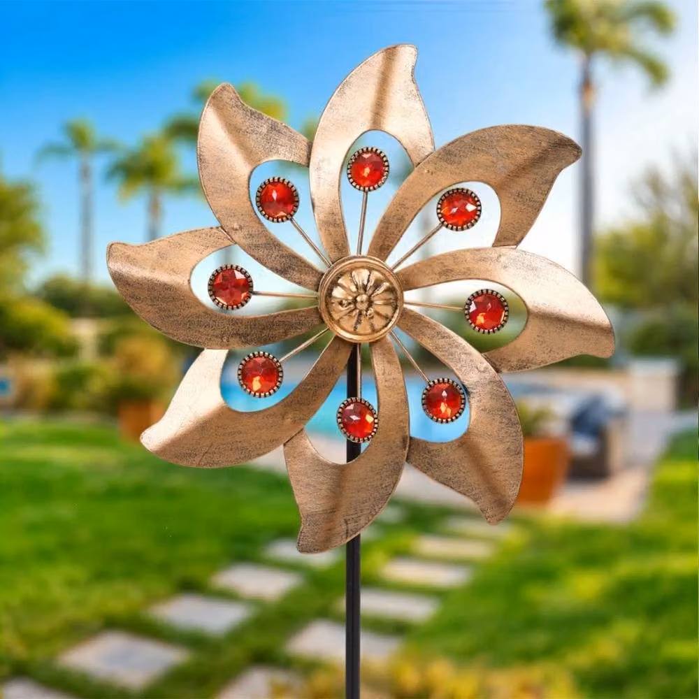 SPETLEK Metal Floral Garden Wind Spinner in Gold and Red, W: 100 cm, D: 60 cm – 2