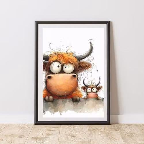 60 Second Makeover Peeking Highland Cow and Baby Print Wall Art Poster, Multicolour, A3