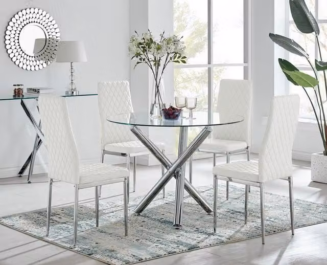 FurnitureboxUK Selina Chrome Round Glass Dining Table and 4 Milan Dining Chairs in White