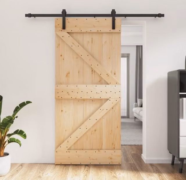 Berkfield Home Modern Sliding Door with Hardware Set, Solid Wood Pine, Brown, W: 95 cm, H: 210 cm – 1