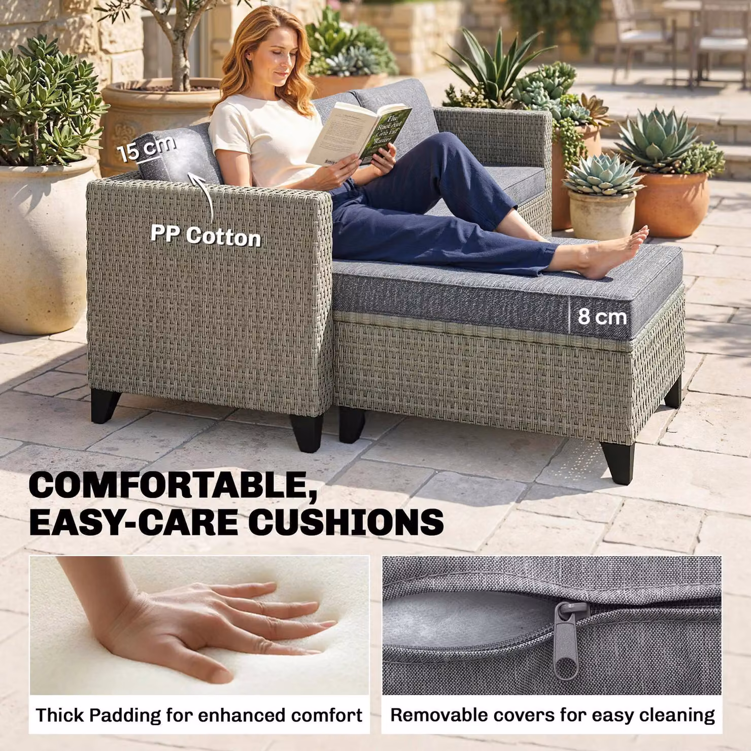 Outsunny 5-Piece L-Shape Rattan Patio Furniture Set in Dark Grey with Corner Sofa, Ottoman, and Coffee Table – 6