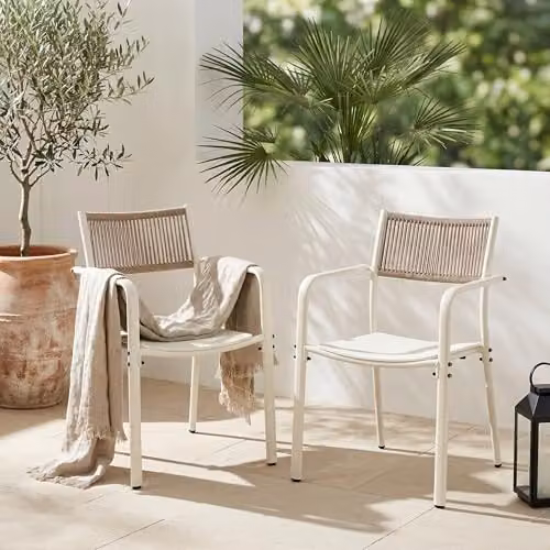 Core Products 3-Piece Bistro Garden Set with Round Metal Table and Two Rope-Effect Armchairs in White and Green – 3