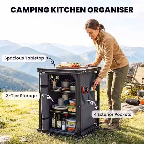 Outsunny Folding Portable Camping Kitchen Table and Cupboard in Black – 3