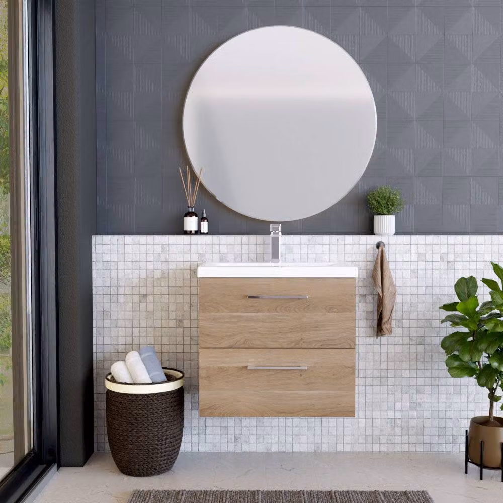 Balterley Contemporary Wall Hung Bathroom Vanity Unit with 2 Soft-Close Drawers and Mid-Edge Ceramic Basin, Bleached Oak, W: 61 cm, D: 39 cm, H: 58 cm – 2