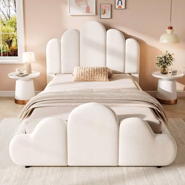 Merax Petal Upholstered Single Childs Bed Frame with Lift Up Base, Beige, W/D/H: 90 x 190 x 106 cm