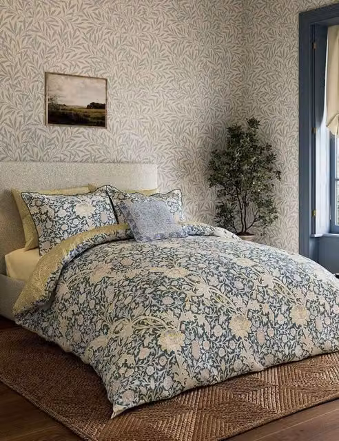 Morris & Co Trent Blue Mix Floral Pure Cotton Percale Bedding Set, 200 x 200 cm