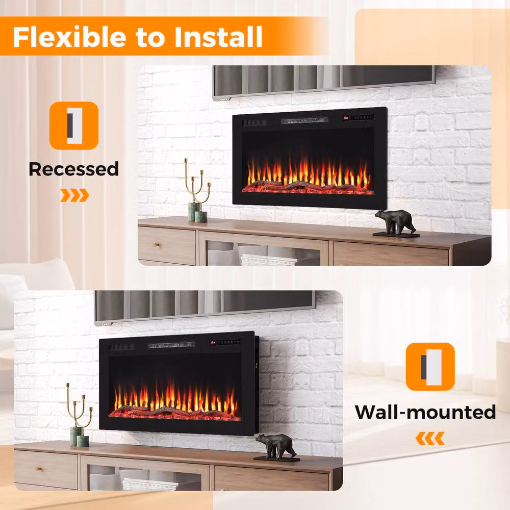 Costway Recessed 36 inch Electric Fireplace Wall Mounted Heater with Sleep Mode in Black – 5