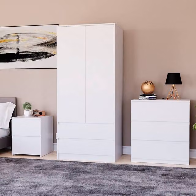 HD Designs Denver Modern White Bedroom Set with Wardrobe, 3-Drawer Chest and 2 Bedside Tables – 1