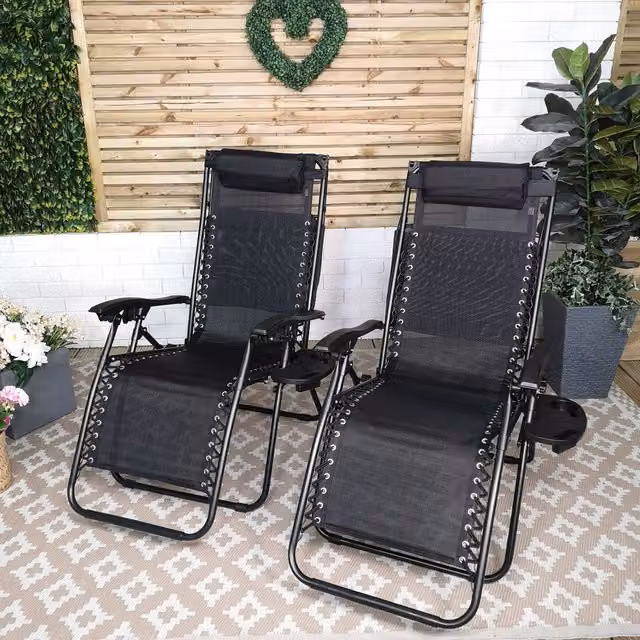 Samuel Alexander Set of 2 Multi Position Garden Gravity Relaxer Sun Loungers with Sun Canopy in Black – 2