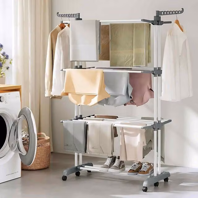 The Bazaarist 4 Tier Foldable Clothes Drying Rack with Wheels and Wing Arms, White and Grey, H 173.0 x W 125.5 x D 63.5 cm