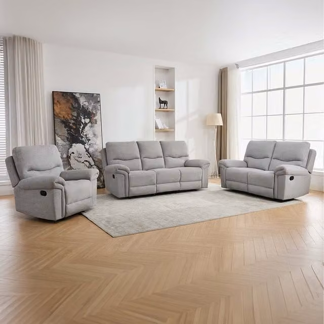 More4Homes Fosse 6-Seater Manual Recliner Sofa Set in Light Grey Fabric