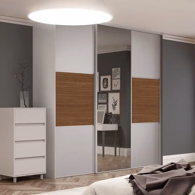 Spacepro Classic 3 Panel Sliding Wardrobe Door Kit in Dove Grey and Walnut with Mirror, Height: 226 cm