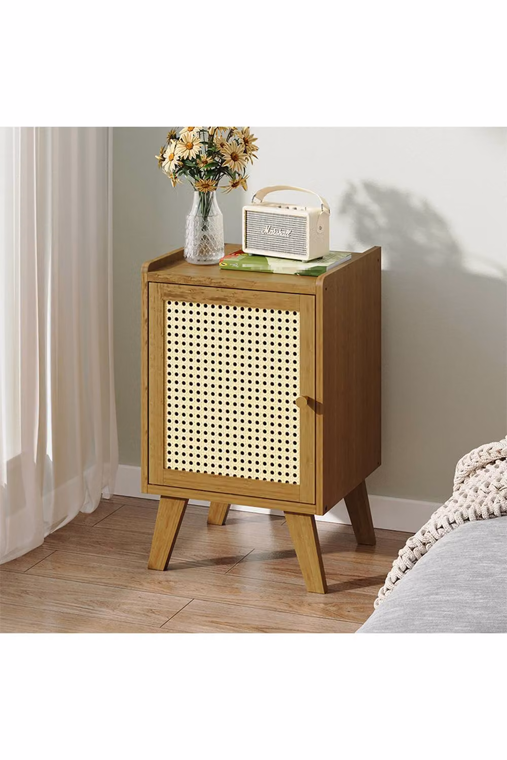 Living and Home Scandinavian Style Brown Wood and Rattan Bedside Table – 2