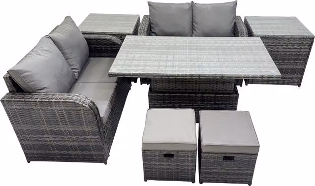Fimous 6-Seater Rattan Patio Set with Adjustable Lift Table and Cushions in Dark Grey