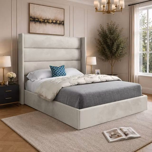 Casani Rainham Upholstered Velvet Designer Bed Frame in Beige, W/D/H: 200 x 137 x 189 cm