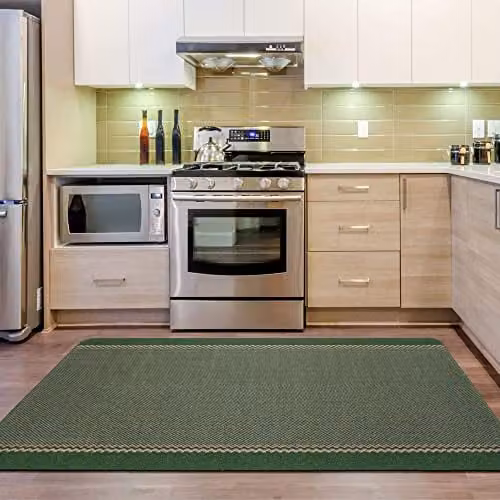 THE RUGS Green, Beige and Black Bordered Design Machine Washable Non-Slip Rectangular Area Rug, W: 67 cm, L: 180 cm – 1