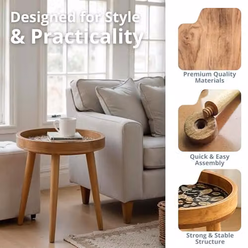 Hartsmede Mango Wood Round Side Table with Paisley Design in Beige, W/D/H: 45.72 x 36 x 47 cm – 6