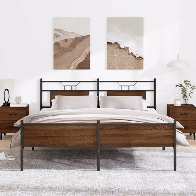 Berkfield Home Metal Bed Frame in Brown Oak, W: 160 cm, L: 200 cm