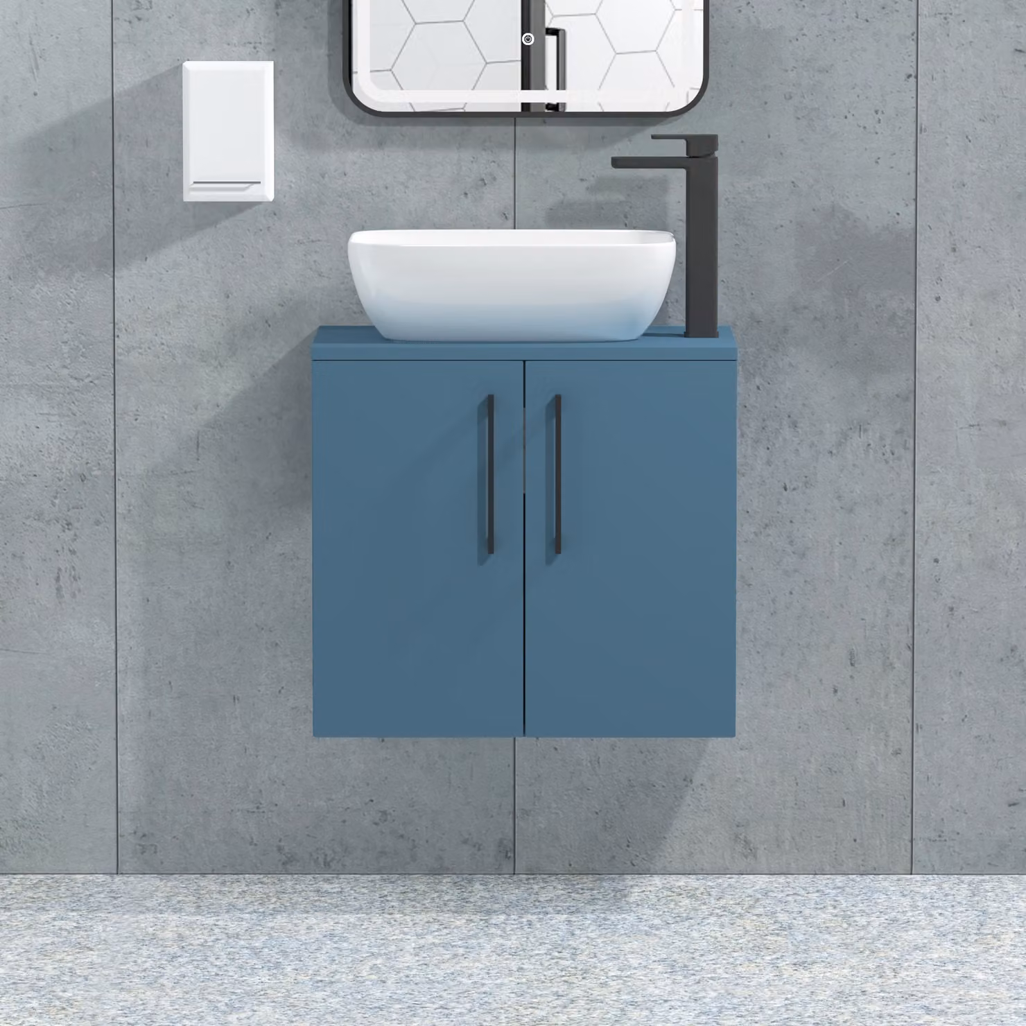 Royal Bathrooms Elva Modena 800mm Wall Hung Vanity Unit in Satin Blue with 2 Doors, Matt Black Handles and Countertop Basin