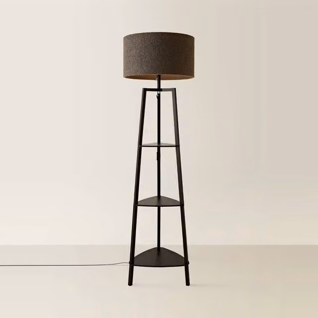 Hiru Black 3 Tier Shelf Floor Lamp with Charcoal Boucle Fabric Shade in Grey