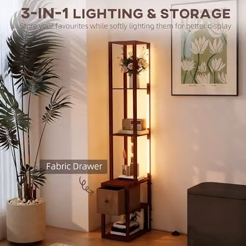 HOMCOM Dimmable LED Floor Lamp with Shelves and Fabric Drawer in Brown – 3