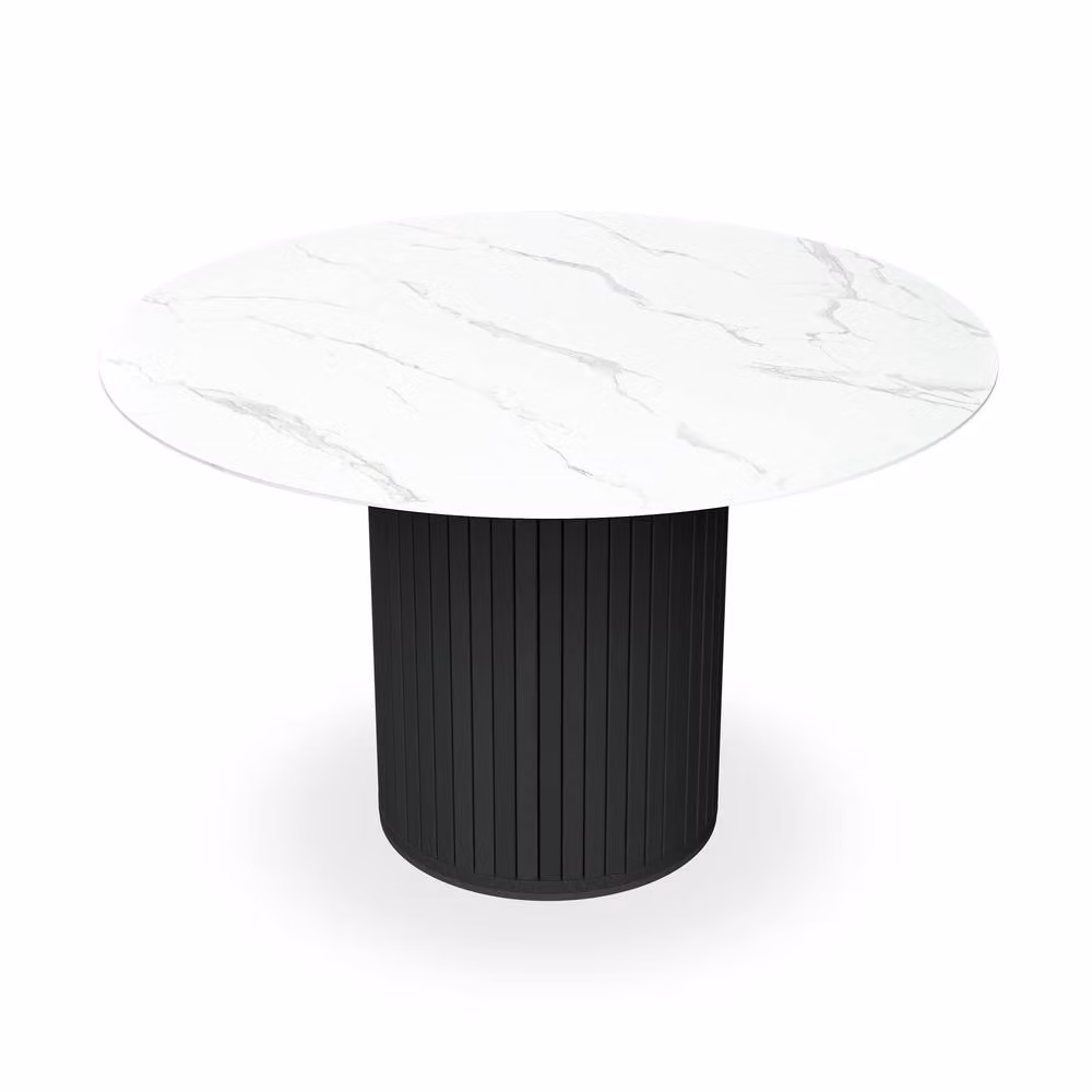 More4Homes Arlo White Marble Round Dining Table with Black Legs and 6 Myla Beige Linen Dining Chairs Set – 2