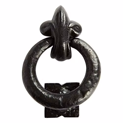 Hammer and Tongs Fleur De Lis Iron Door Knocker in Matt Black, Height: 14.0 cm – 2