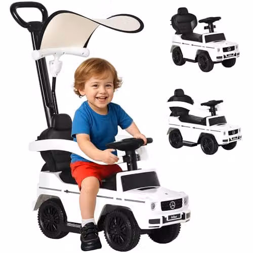 HOMCOM 3 in 1 Mercedes Licensed Kids Ride on Push Car with Canopy, White, W/D/H: 85.5 x 40.5 x 40.5 cm