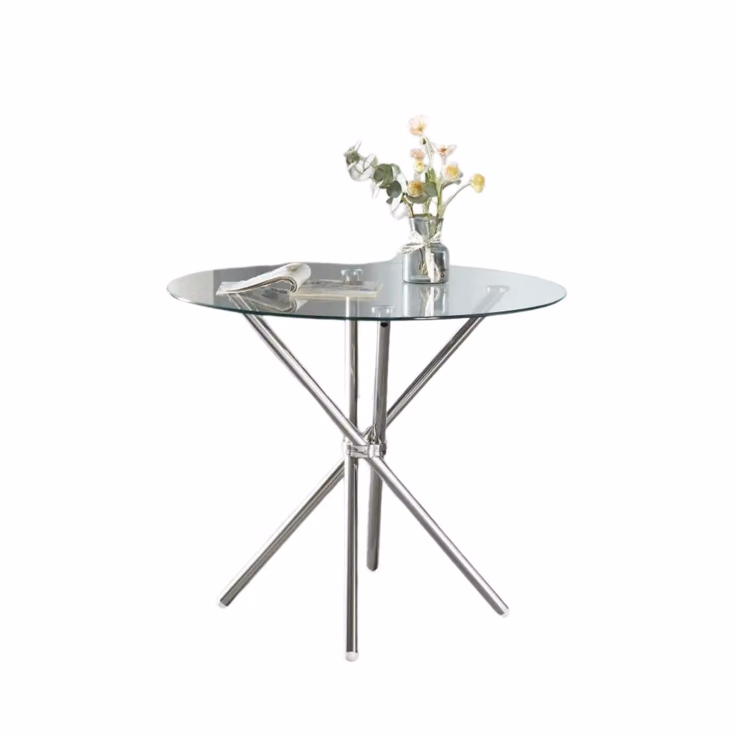 FURNOS Round Glass Coffee Table with Silver Stainless Steel Legs, Diameter: 90 cm, Height: 75 cm – 2