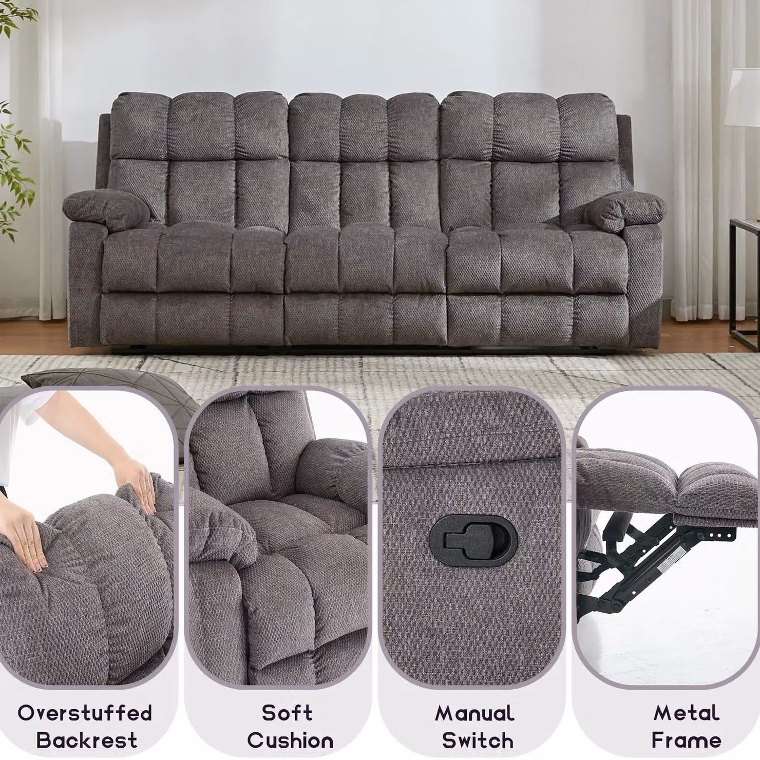 FURNITURE ONE Modern Manual Recliner Sofa Set in Grey Fabric Upholstery, including 1+2+3 Seater Suite with Scatter Cushions – 3
