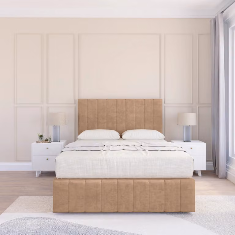 Sloomy California Divan Bed Base in Light Beige, Small Double, W/D/H: 120 x 200 cm, with 12 inch Footboard and 54 inch Floor Standing Chesterfield Headboard