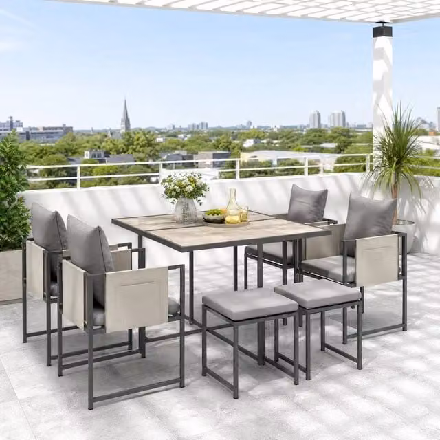 STILVORA Nine-Piece Modern Outdoor Dining Set with Powder Coated Steel Frame in Grey – 1