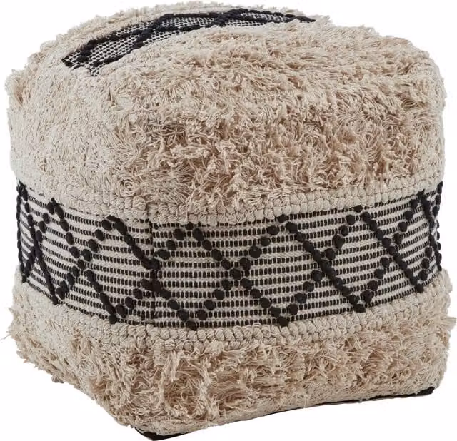 Orsina Cefena Geometric Shaggy Cotton Pouffe in Black, White and Beige