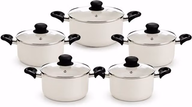 DELCASA 5 Piece Non-Stick Ceramic Casserole Set with Lids, Induction Ready, Cream