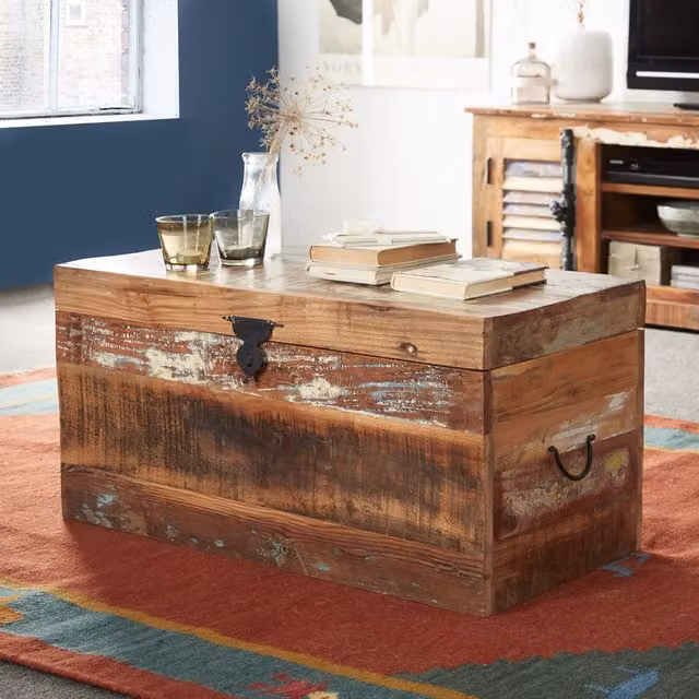 IH Design Rustic Reclaimed Wood Storage Trunk Box in Multicolour and Brown