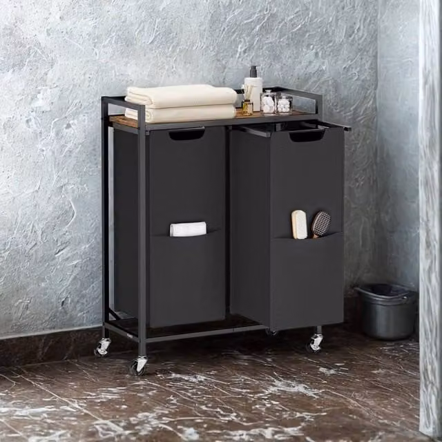 Pirlo Plush Industrial Double Laundry Basket with Shelf in Brown and Black – 1