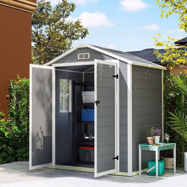 OUTSUNNY Grey Plastic Lean-to Garden Shed with Lockable Door and Window, W/D/H: 171 x 134 x 210 cm – 1