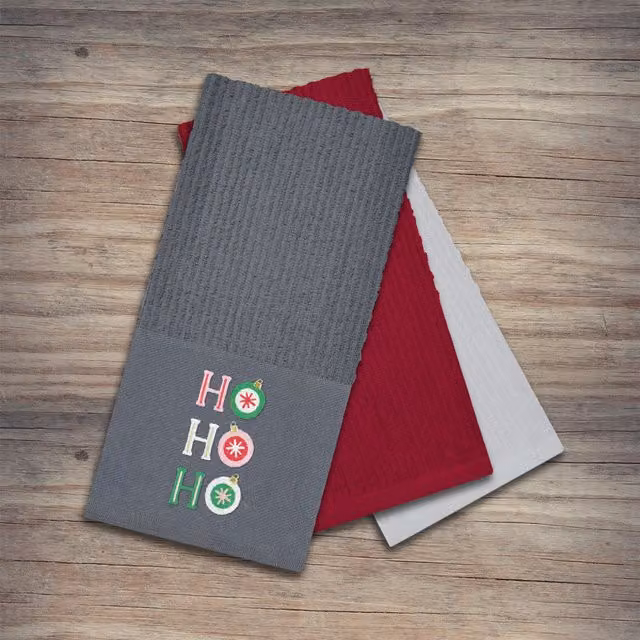 Noel Square Pack of 3 Highly Absorbent Cotton Tea Towels, Grey and Multicolour Graphic Design